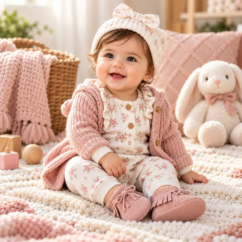 Smiling baby girl in a floral romper, pink cardigan, knit hat and soft moccasins