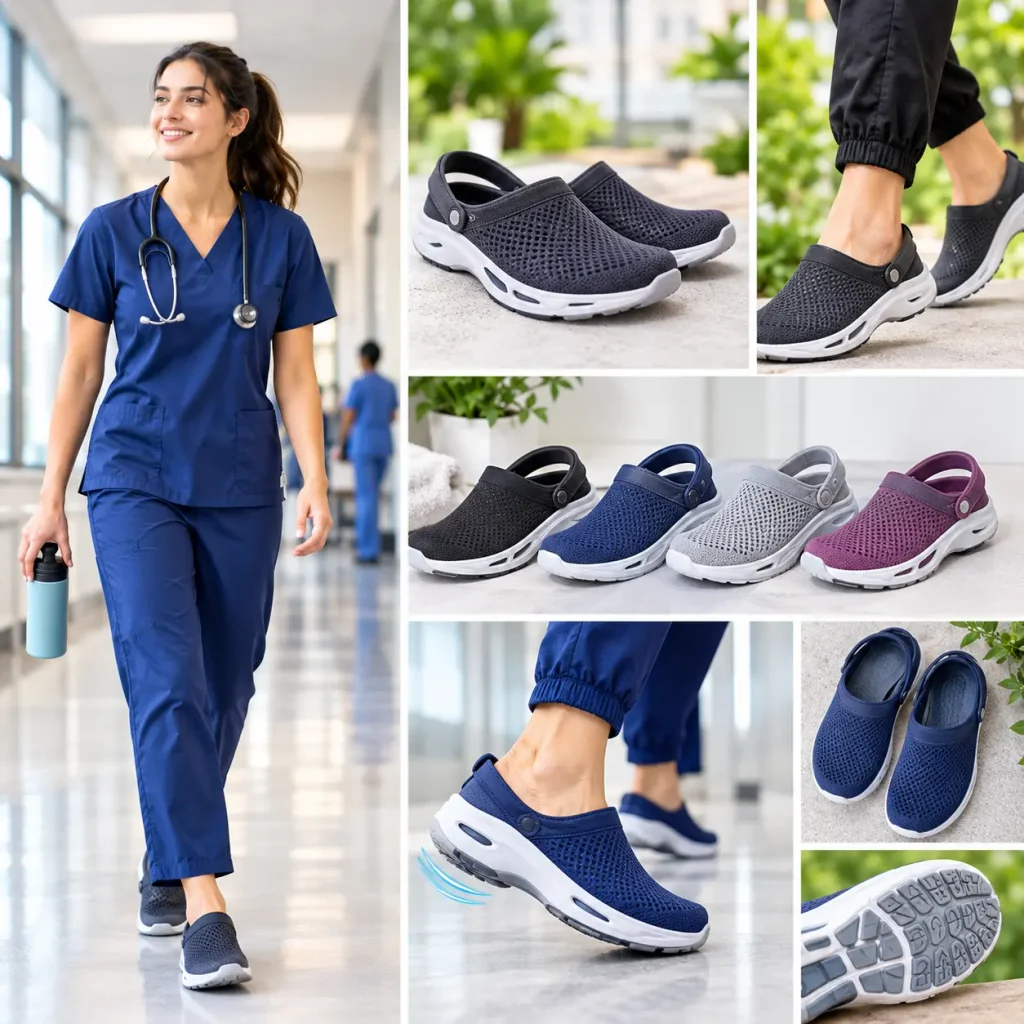 Lightweight, breathable athletic clogs with cushioned soles for healthcare professionals who walk throughout the day.