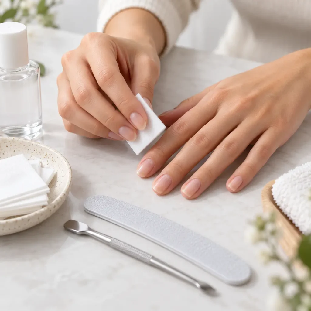 Woman cleaning natural nails with a nail prep wipe before applying press-on gel nails
