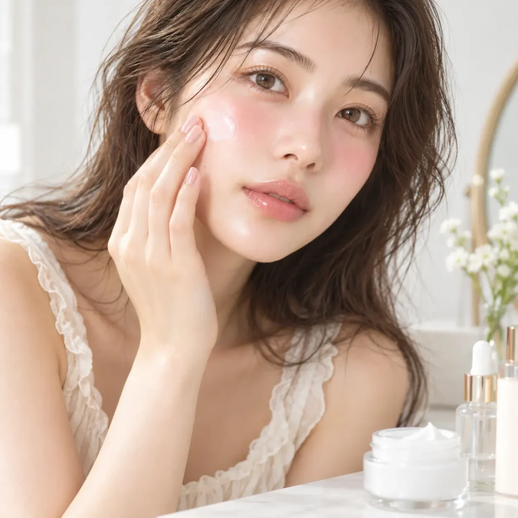 Woman applying moisturizing cream to her cheek to prepare healthy, hydrated skin for a natural Igari makeup look.