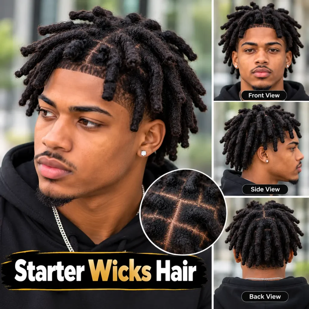 Starter wicks hairstyle featuring short, newly formed locs with defined scalp sections on a young Black man