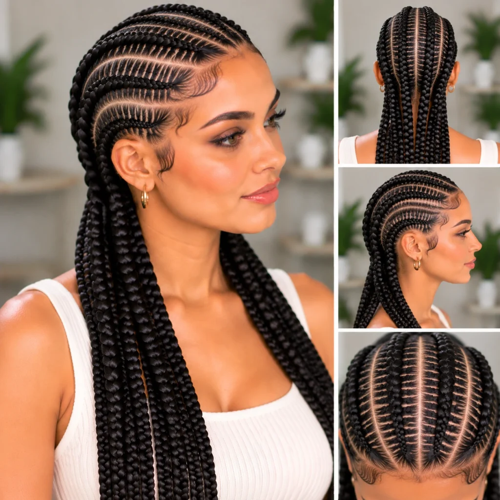 Stitch braids hairstyle with precise sections and defined cornrow patterns