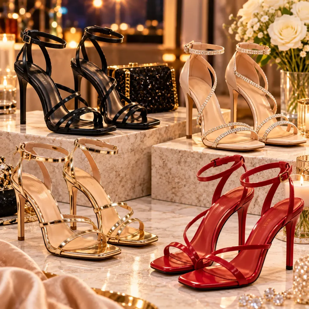 Stylish women's strappy high heel sandals in black, gold, red, and nude for parties and evening outfits