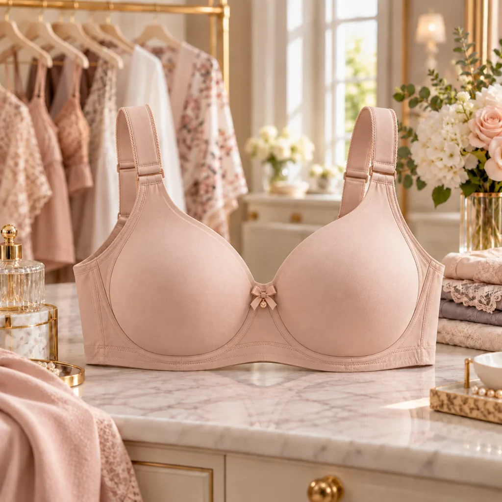 Soft blush wire-free bra with wide straps and supportive molded cups