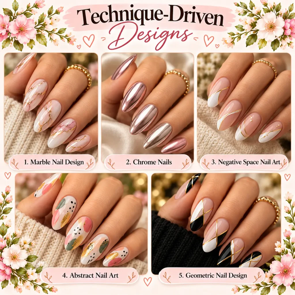Technique-driven nail designs featuring marble, chrome, negative space, abstract, and geometric nail art.