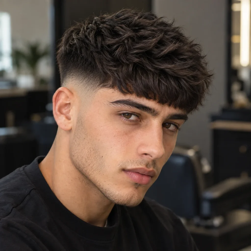 Modern textured Edgar cut for thick hair featuring a messy layered top, short fringe and faded sides