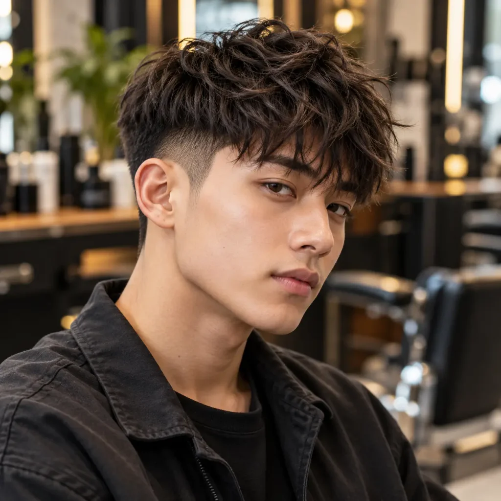 Textured two block crop haircut for men with messy choppy layers, short faded sides and forward fringe