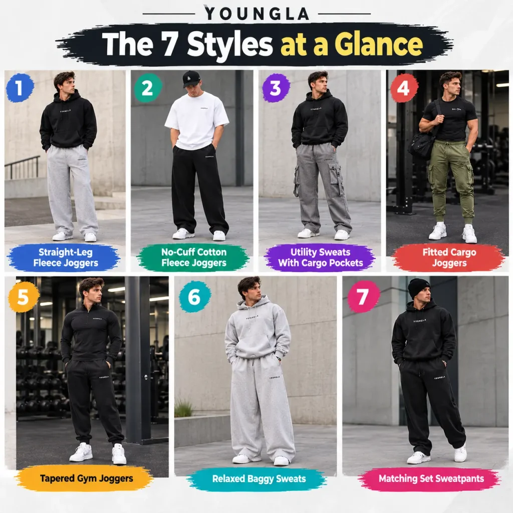 The 7 YoungLA sweatpants styles at a glance, including straight-leg fleece joggers, no-cuff joggers, cargo pants, tapered gym joggers, baggy sweats, and matching sets.