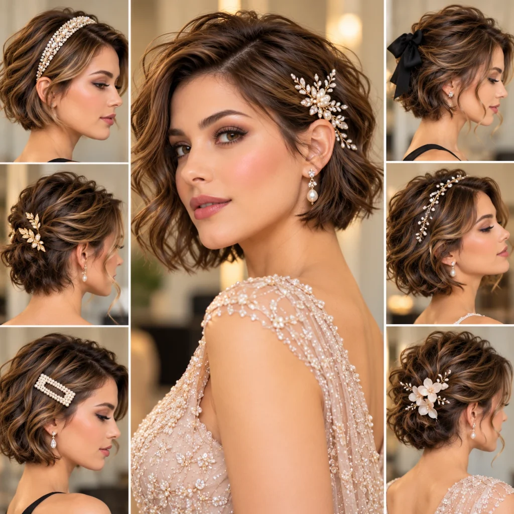 Short formal hairstyles decorated with pearl clips, jeweled headbands, floral pins, and elegant hair accessories