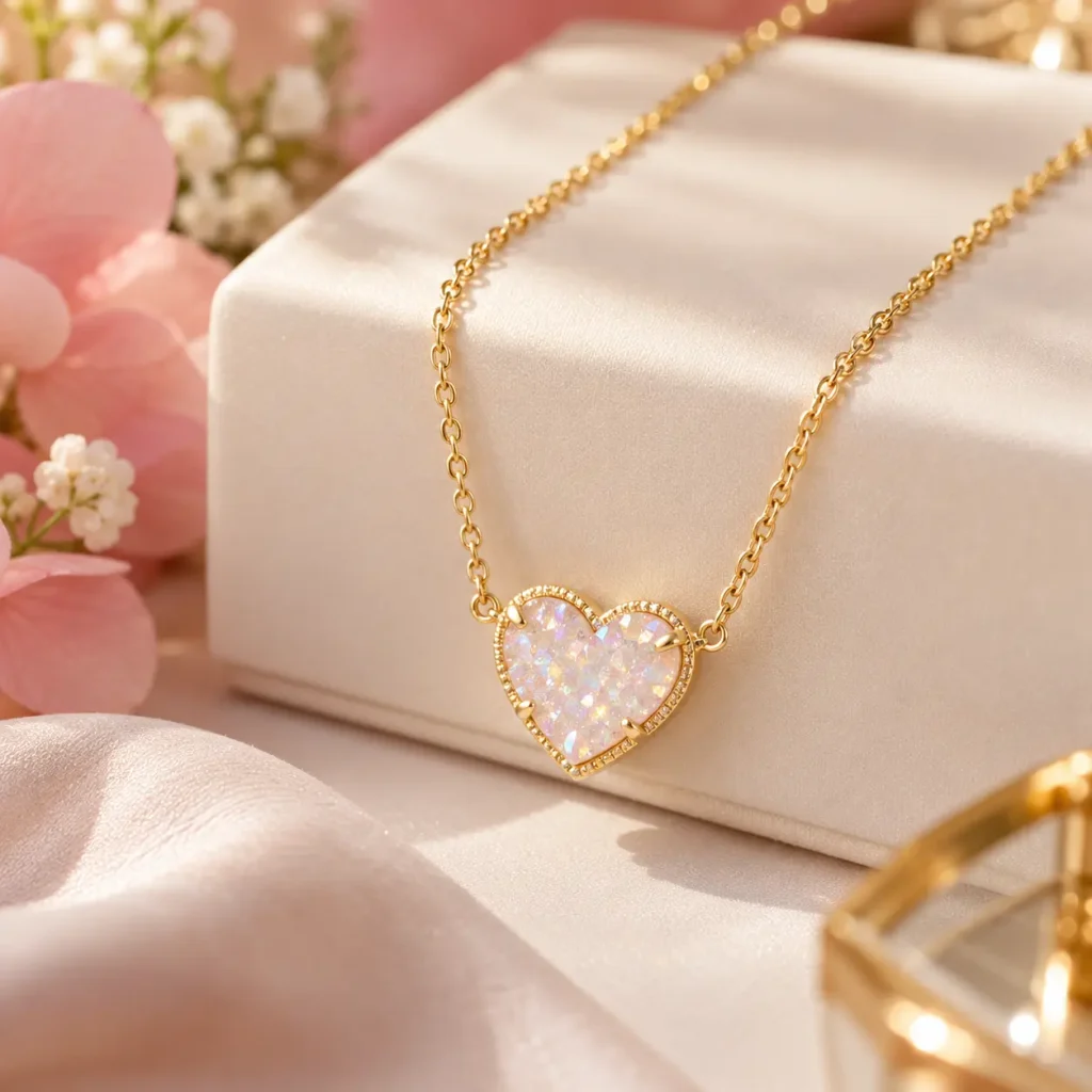 Romantic gold heart pendant necklace with sparkling iridescent stone on a cream satin display