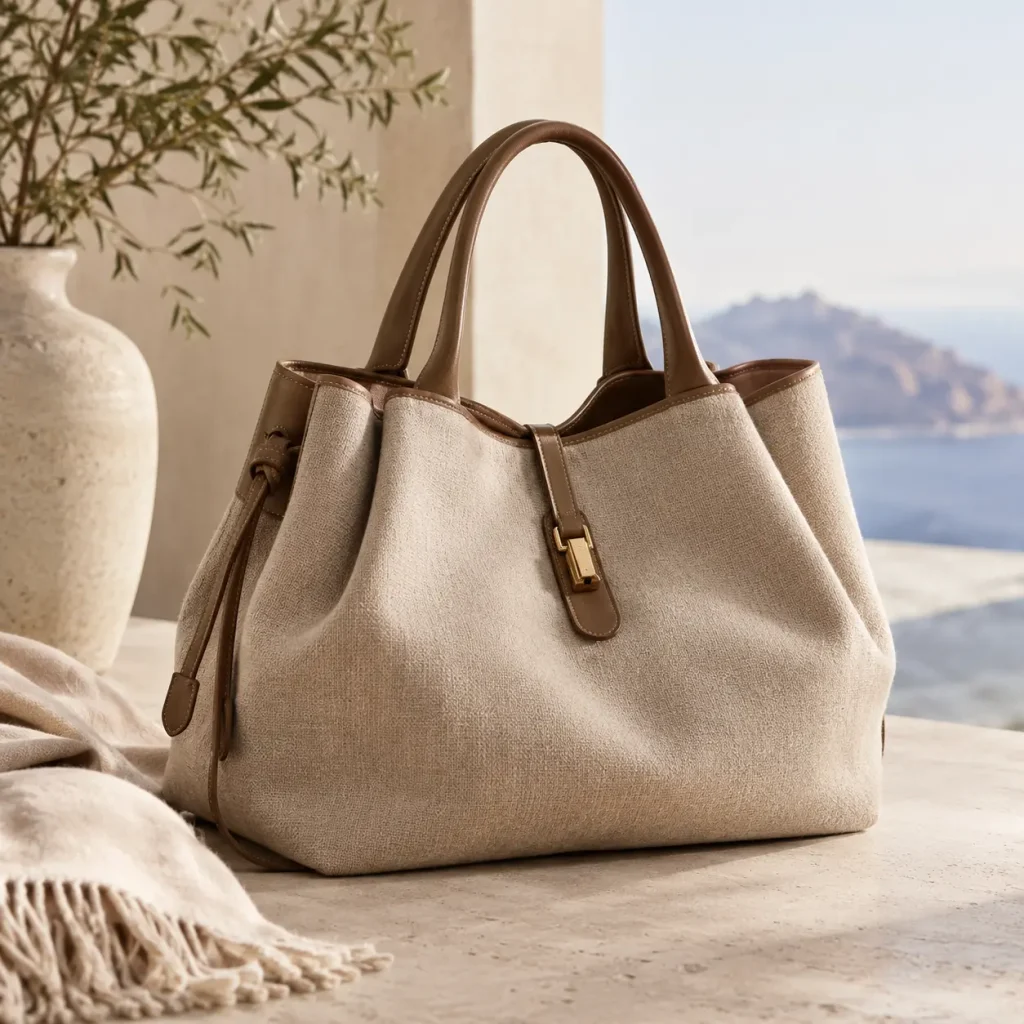 Loro Piana Bale-inspired beige tote bag with brown leather handles and gold-tone hardware, showcasing understated quiet luxury and elegant minimalist design.