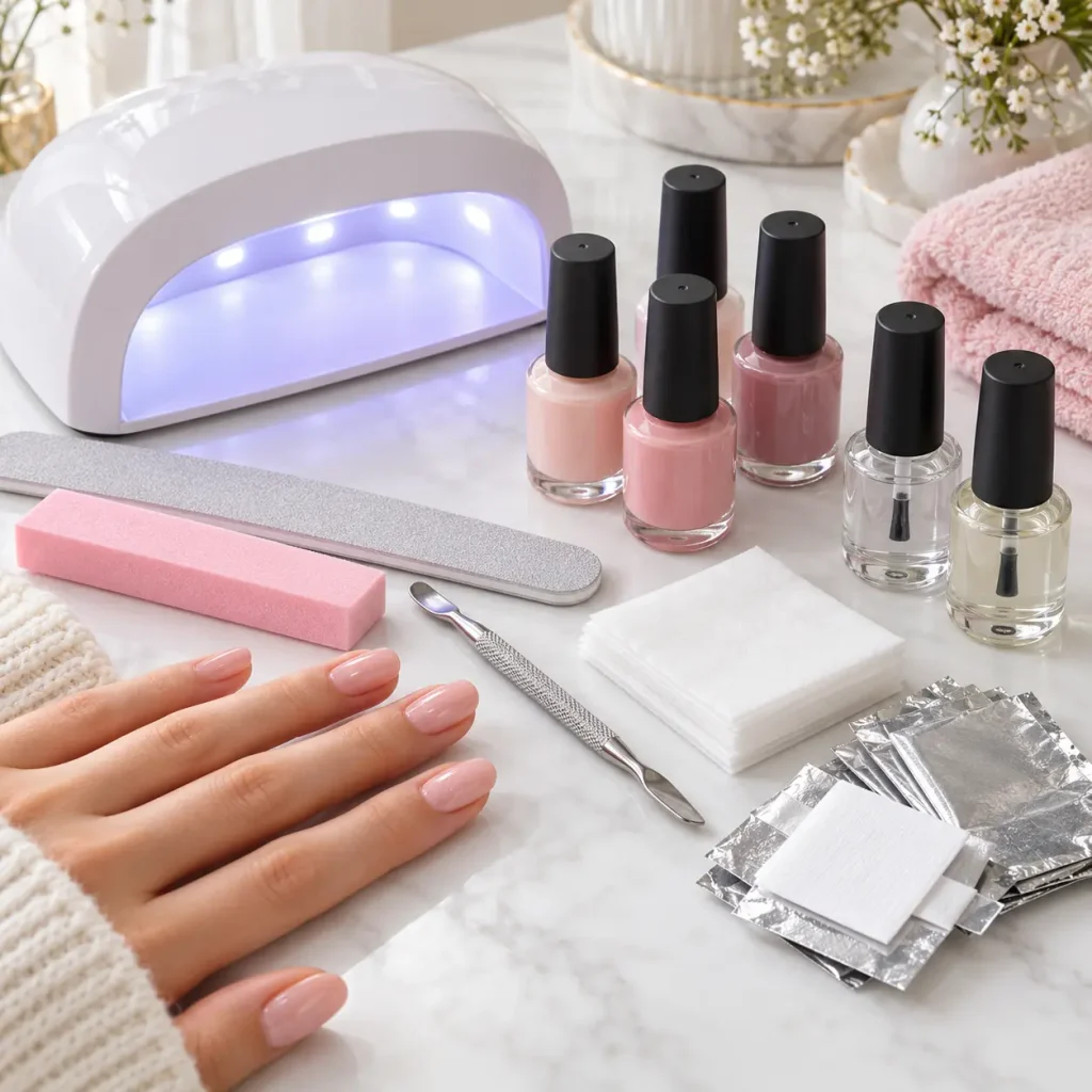 Beginner gel nail polish starter kit with UV LED curing lamp, pink gel polishes, base coat, top coat, and nail prep tools.