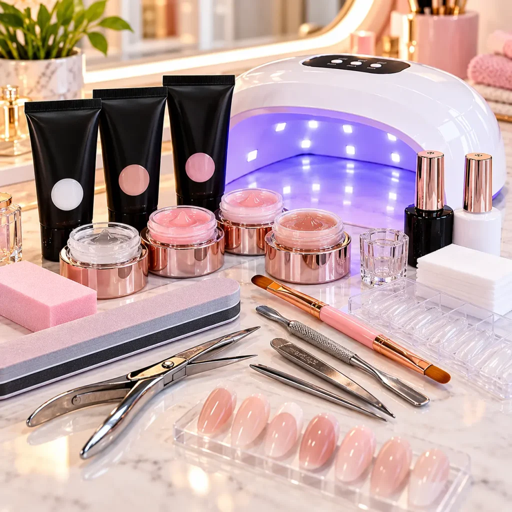 Builder gel nail kit with strengthening gels, nail shaping tools, UV LED curing lamp, and nude nail samples.