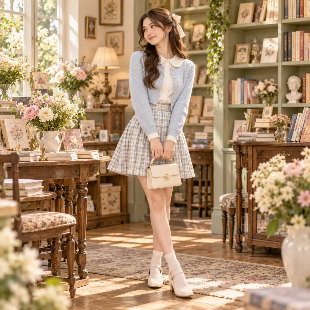 Woman wearing a collared blouse under a cropped cardigan with a plaid skirt in a vintage-inspired setting