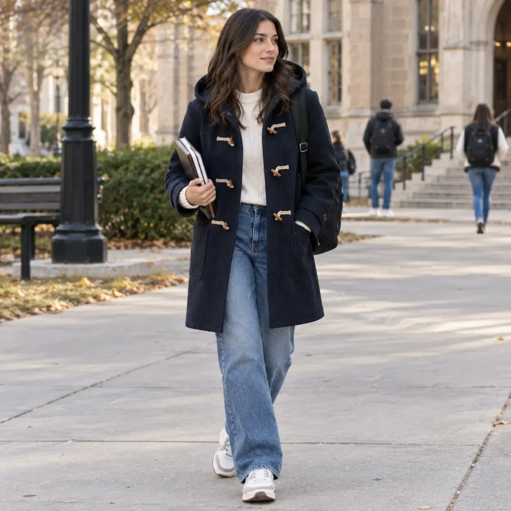 Woman wearing a navy duffle coat with a cream sweater, relaxed blue jeans, white sneakers, and a backpack on a university campus.
