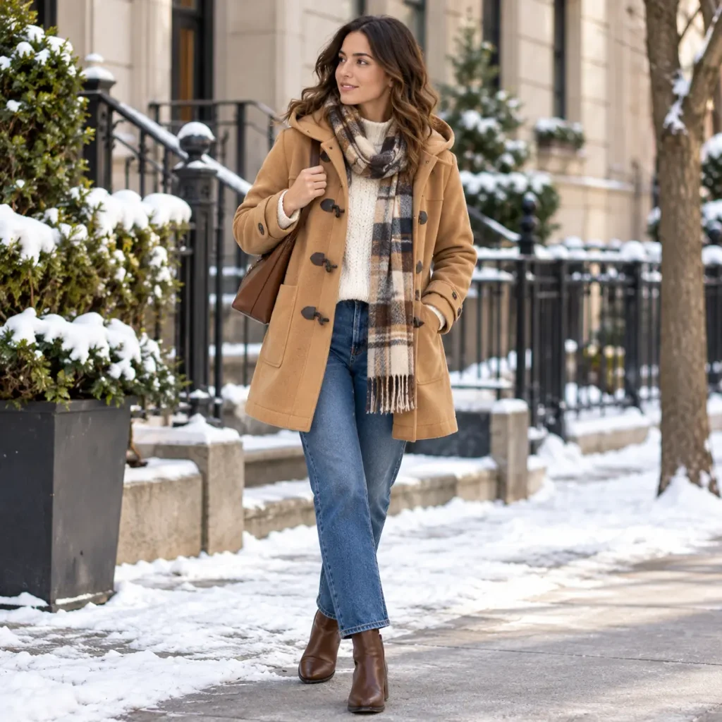 Woman wearing a classic camel duffle coat with a cream sweater, plaid scarf, blue jeans, and brown ankle boots for a stylish winter outfit.