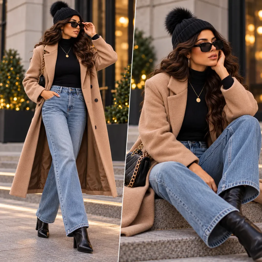 Woman wearing a beige long coat, black turtleneck, blue jeans, black boots, and a knitted beanie