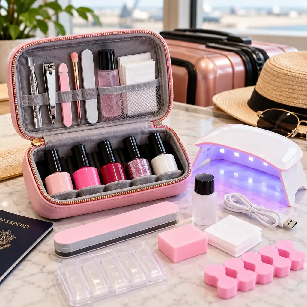 Portable gel nail kit with mini UV LED lamp, nail polish bottles, manicure tools, and pink travel storage case.