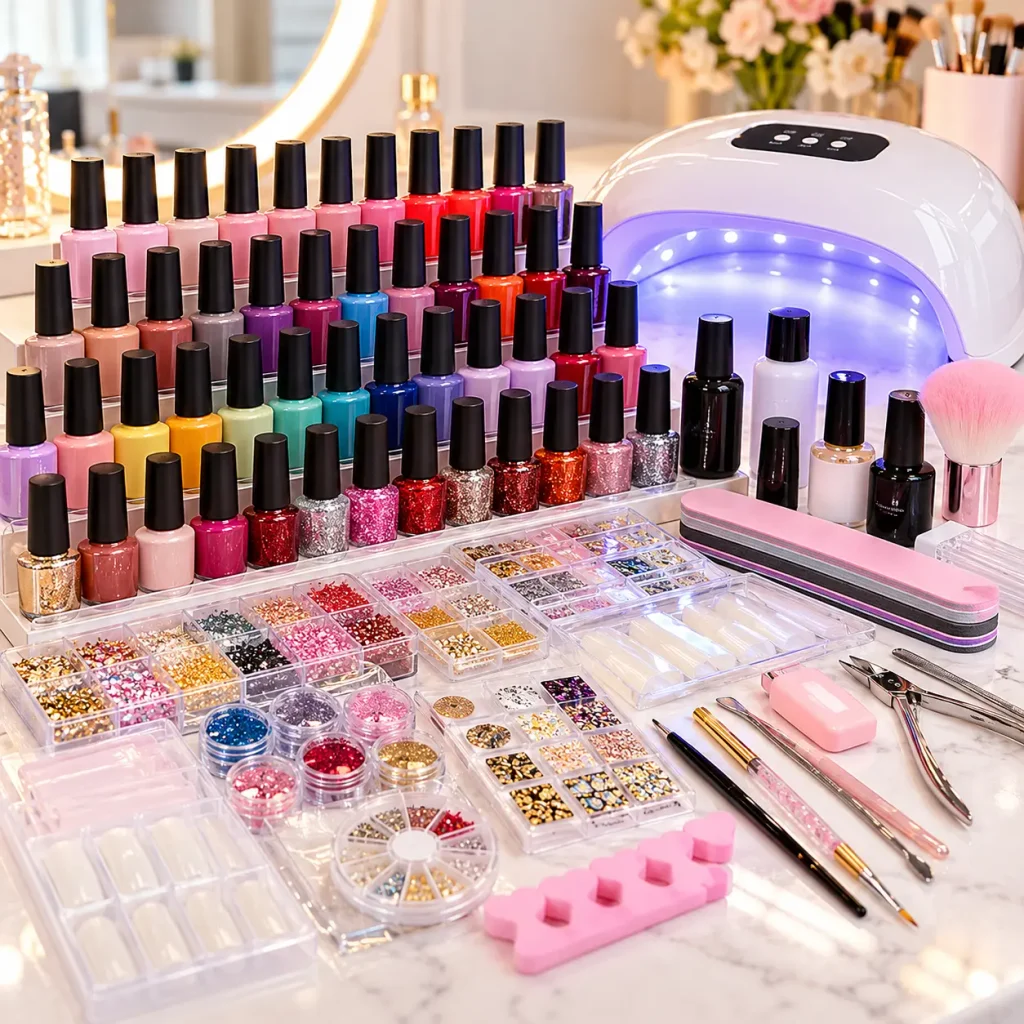 Complete gel nail polish collection featuring colorful gel bottles, UV LED lamp, nail art decorations, and manicure accessories.