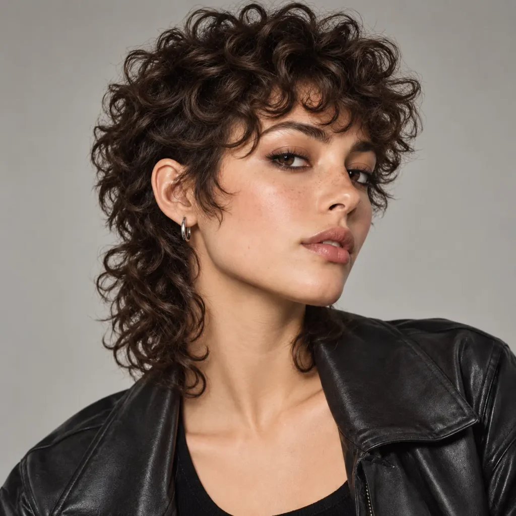 Woman with a curly short mullet haircut featuring tapered sides and defined curls on top and back