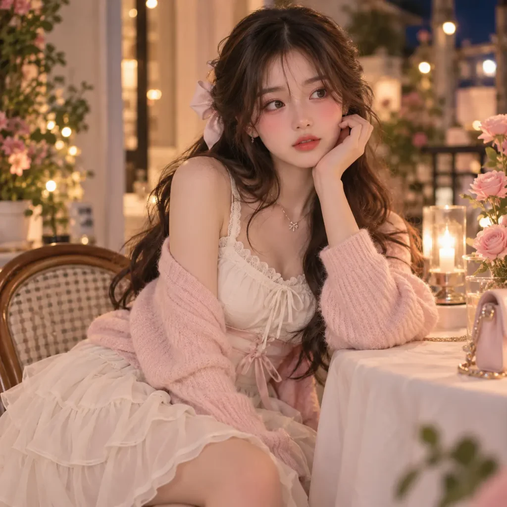 Romantic Igari date night outfit with a white lace top, soft pink cardigan and flowing cream skirt at a candlelit café.