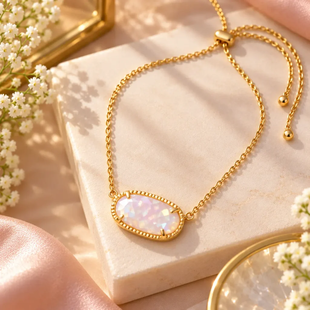 Gold adjustable-length framed oval gemstone necklace with iridescent stone and delicate chain