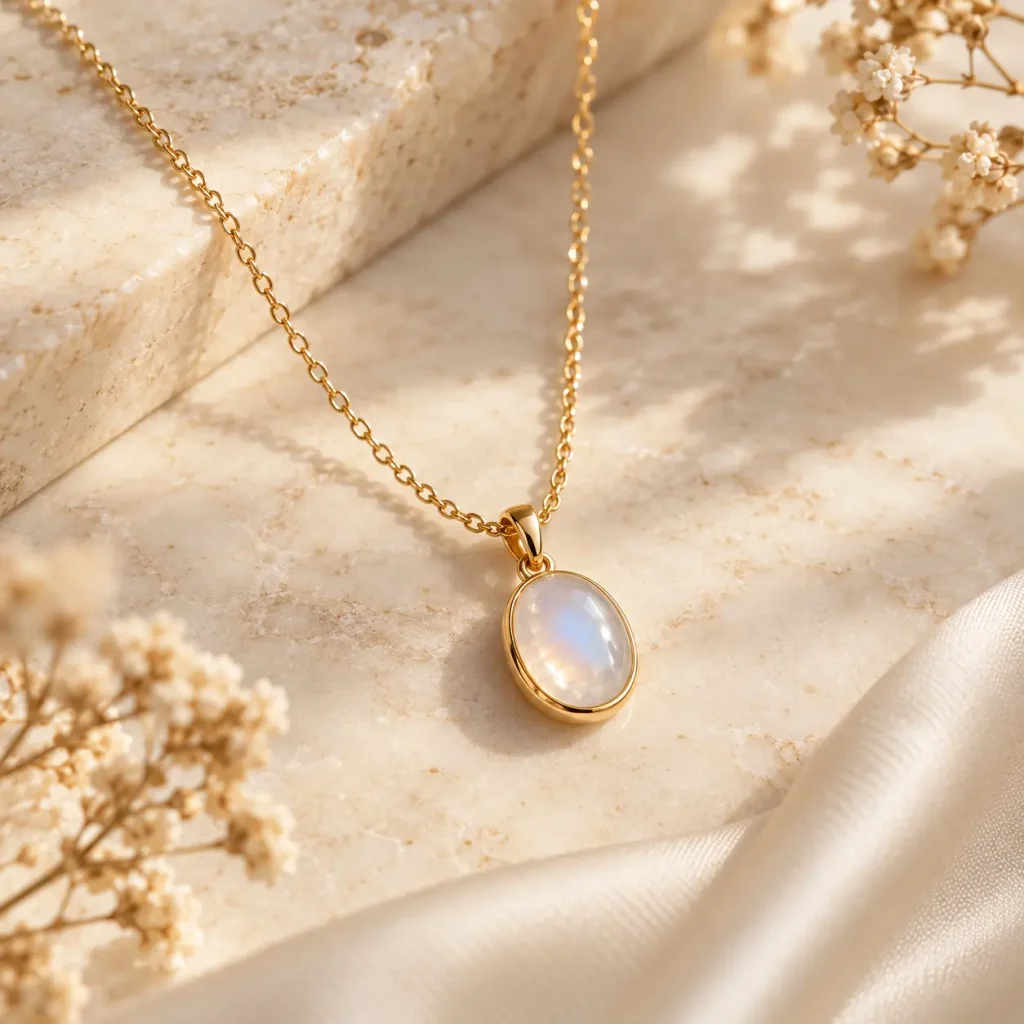 Gold Elisa-inspired pendant necklace with an iridescent white gemstone on a delicate chain