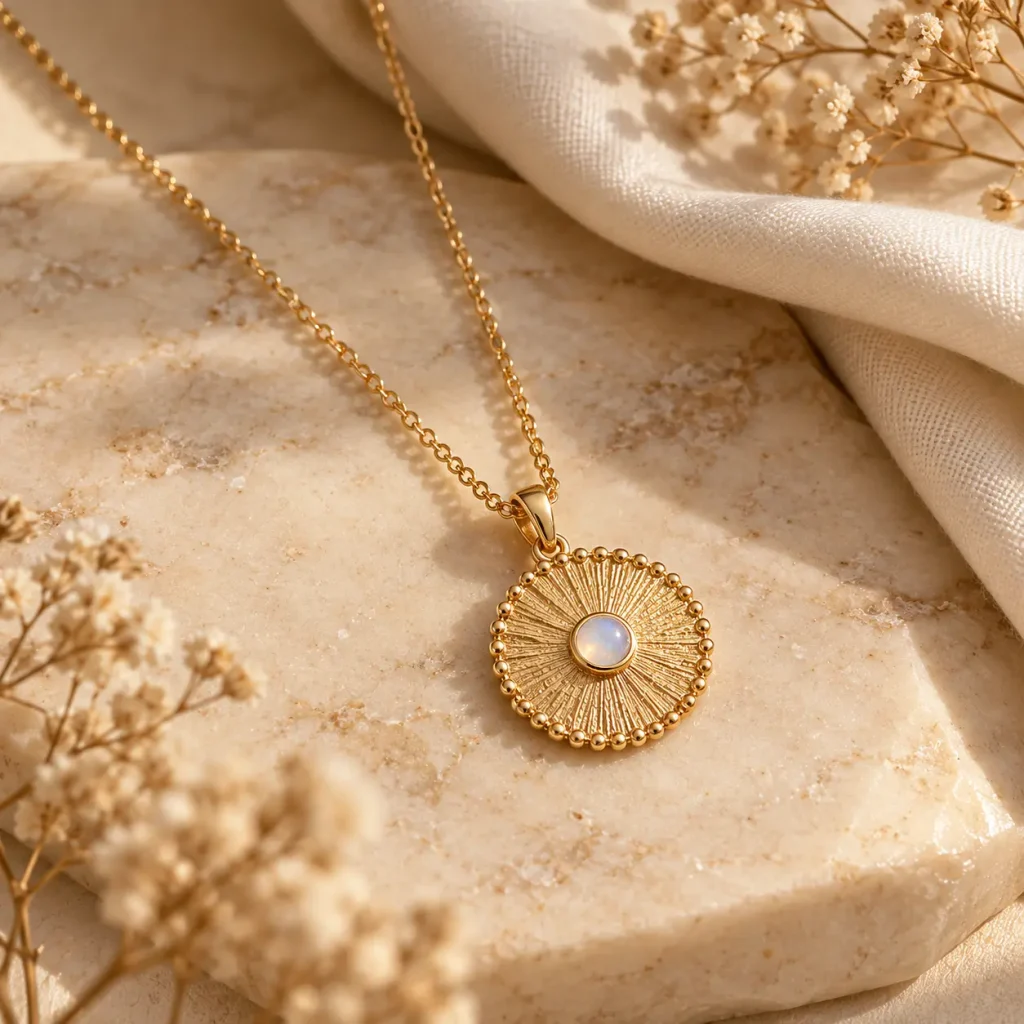 Gold textured satellite pendant necklace with beaded edges and a shimmering center stone