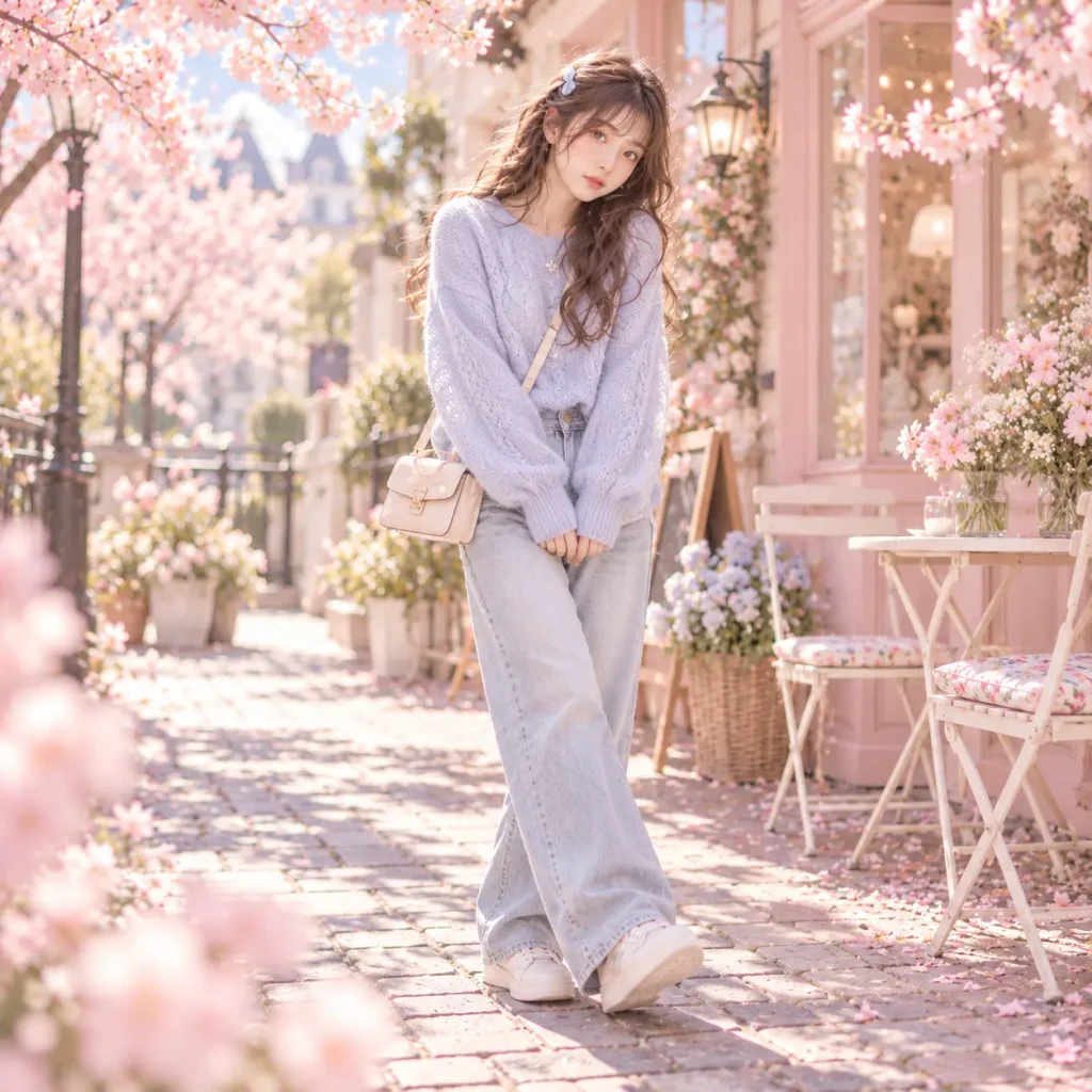 Japanese-inspired everyday kawaii outfit featuring a lavender knit sweater, wide-leg jeans, white sneakers and pastel crossbody bag.