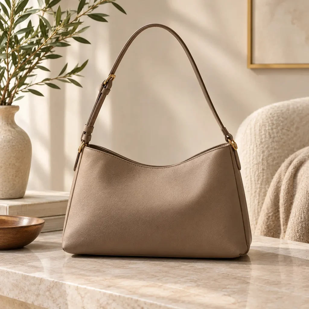 Taupe leather shoulder bag with a curved silhouette, adjustable strap, and subtle gold-tone hardware for everyday quiet luxury.