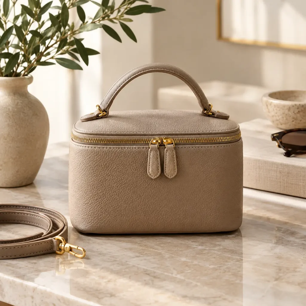 Taupe leather Extra Pocket-style bag with a top handle, gold-tone zipper, and detachable strap for an understated luxury look.