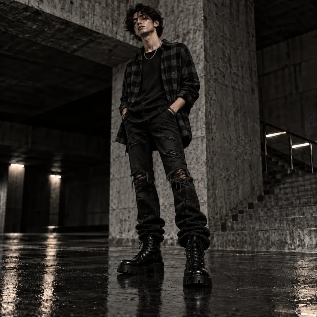 Black plaid flannel shirt with distressed black denim jeans and combat boots in a grunge streetwear outfit