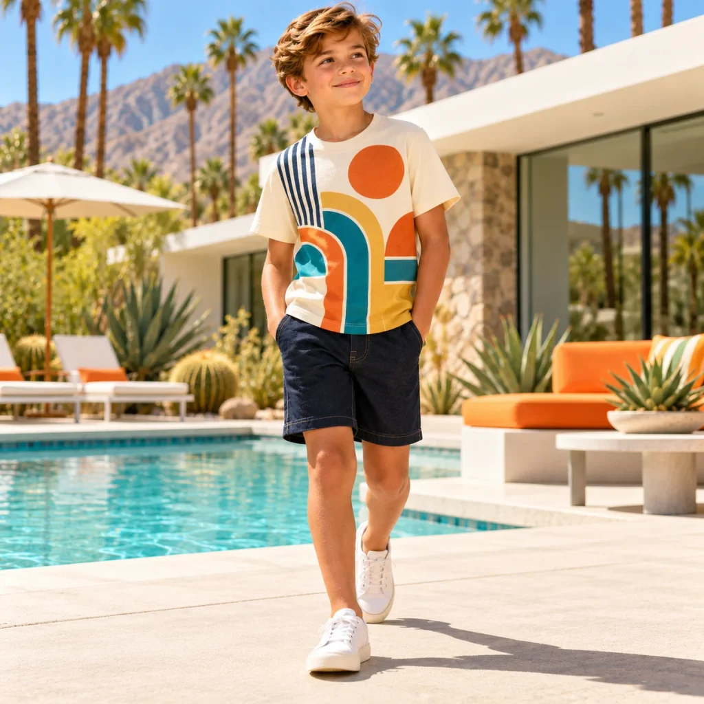 Boy wearing a retro geometric graphic T-shirt, dark shorts and white sneakers at a modern resort