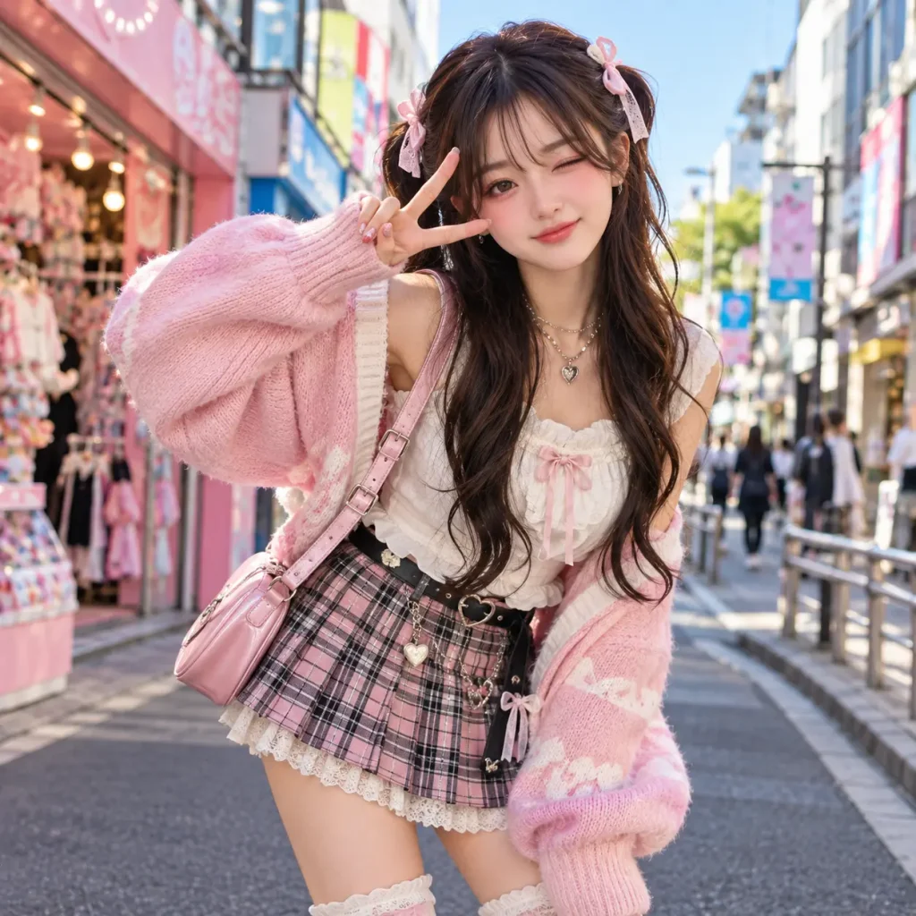 Young woman wearing a pink cardigan, plaid mini skirt, white ruffled blouse and cute hair bows in a Harajuku-inspired street outfit.