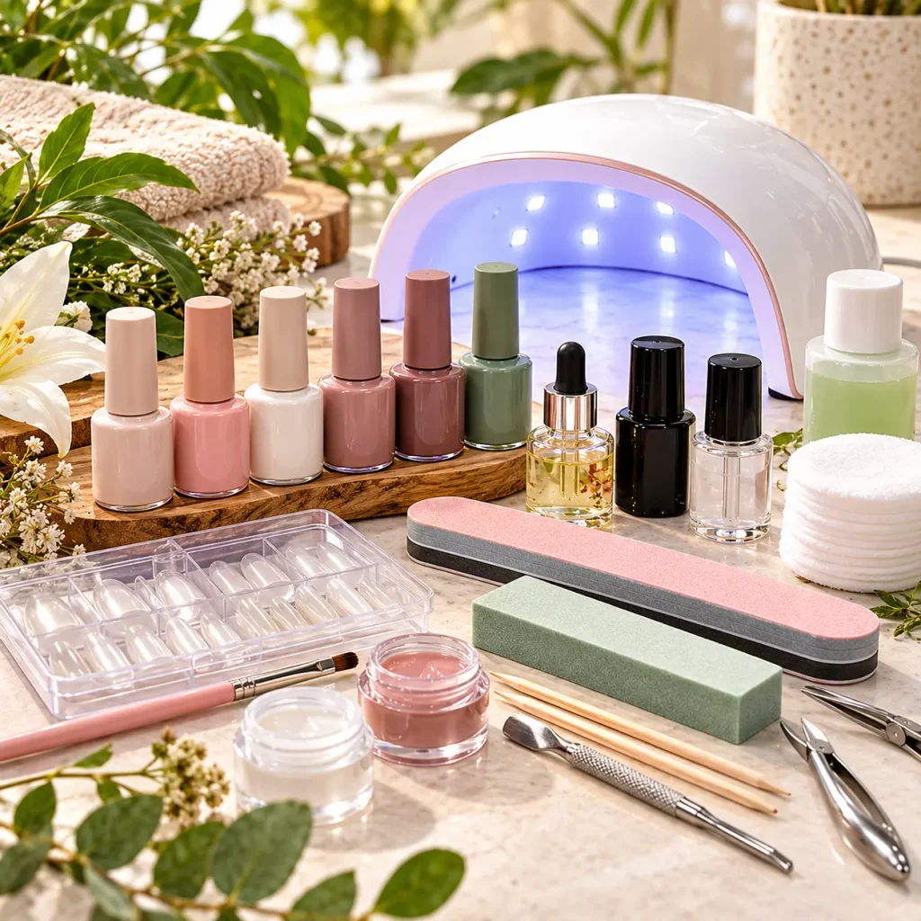 Gel nail kit with pastel nail polish bottles, UV LED lamp, cuticle oil, manicure tools, and botanical decorations.