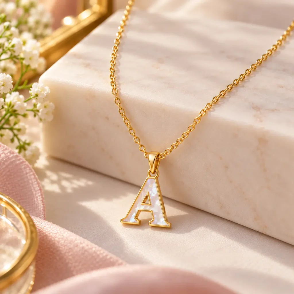 Personalized gold letter A pendant necklace with mother-of-pearl detailing on a delicate chain