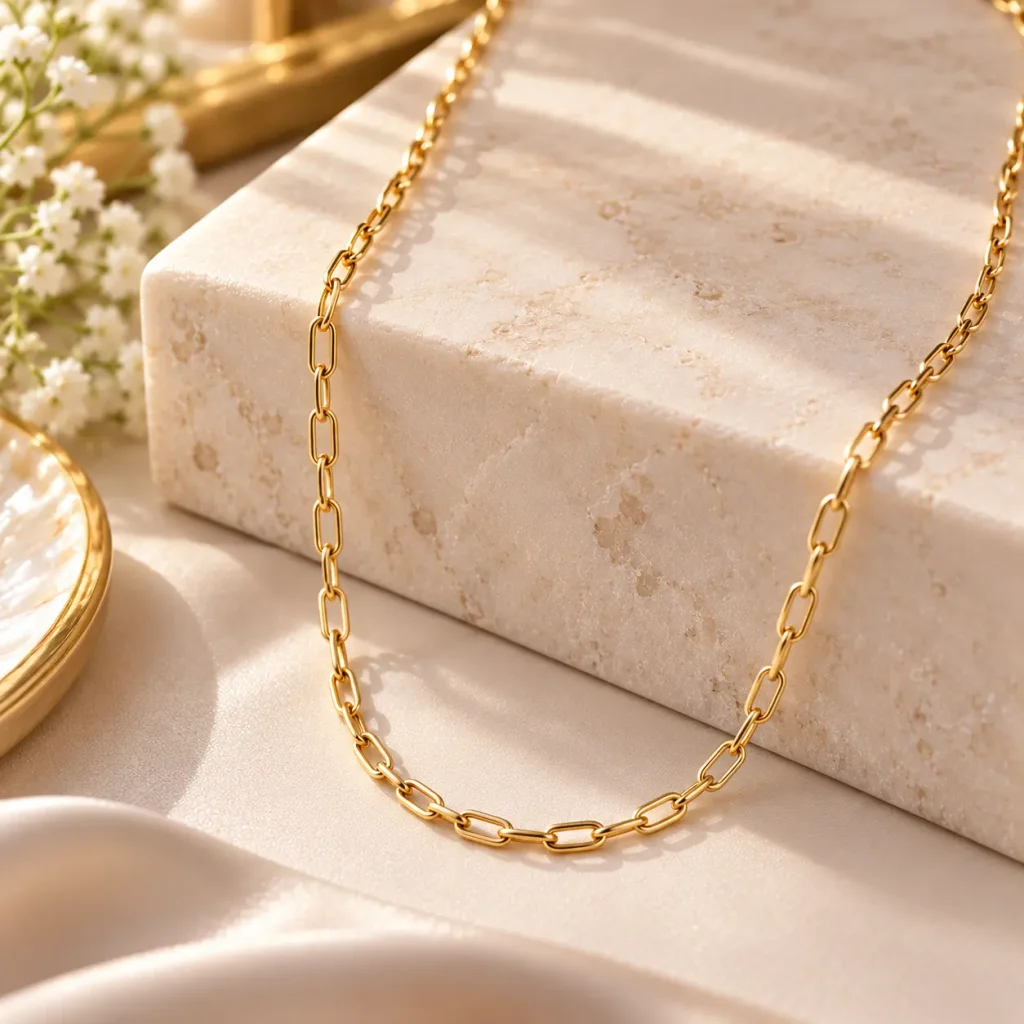 Minimalist gold paperclip chain necklace without pendant displayed on a cream marble surface