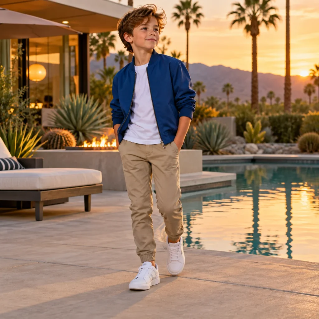 Boy wearing a blue bomber jacket over a white T-shirt with tan chinos at a sunset poolside resort