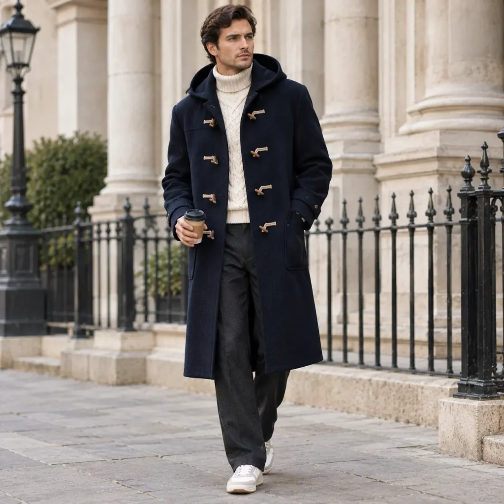 Man wearing a long navy duffle coat with toggle fastenings, a cream cable-knit turtleneck, charcoal trousers, and white sneakers.