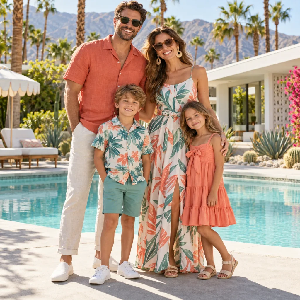 Family wearing coordinated coral, teal and tropical print outfits for a Palm Springs poolside photo