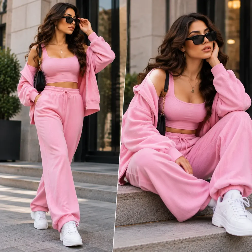 Woman wearing a pink matching ribbed outfit with an oversized hoodie, white sneakers, and gold accessories