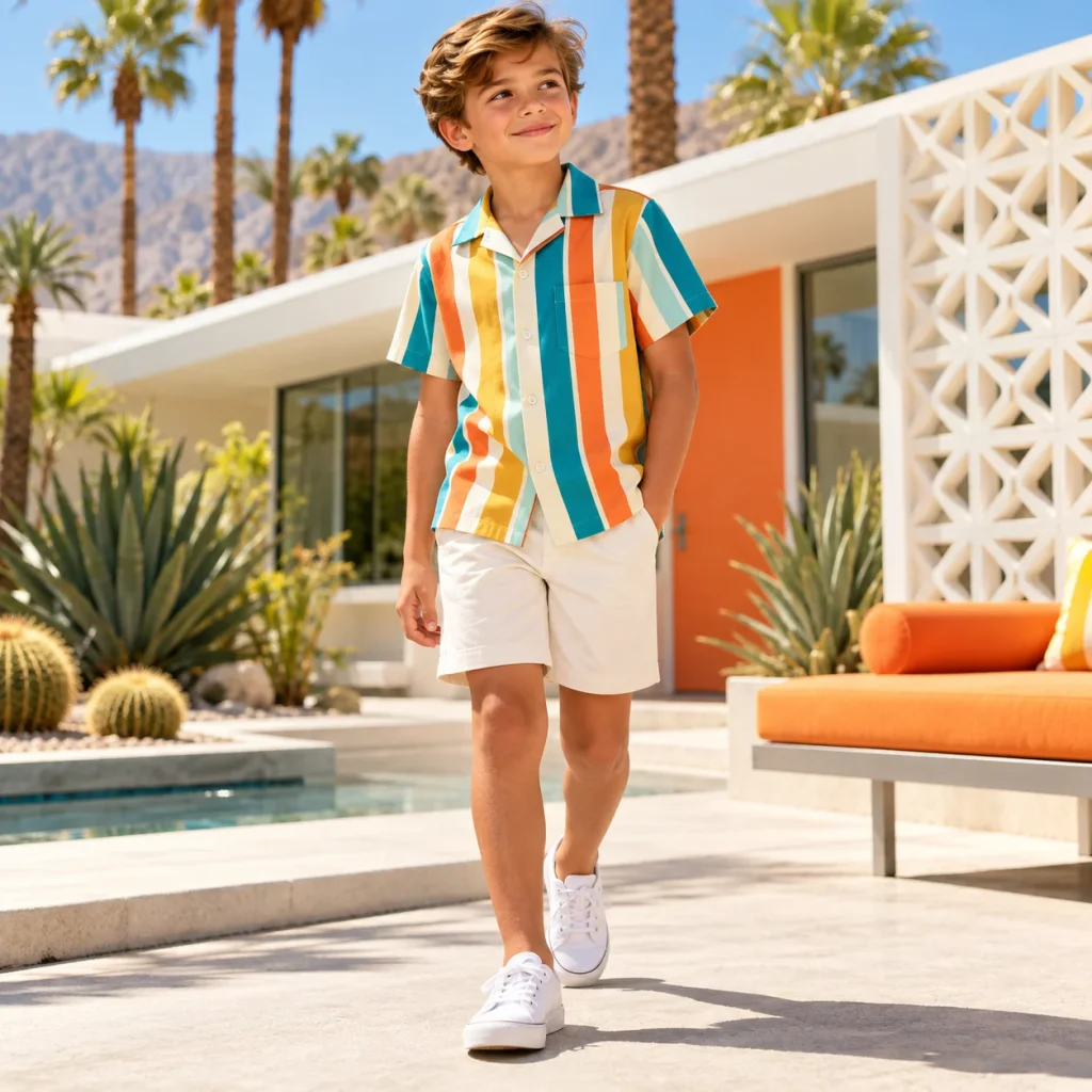 Boy wearing a bold striped camp collar shirt, white shorts and sneakers in a sunny resort setting