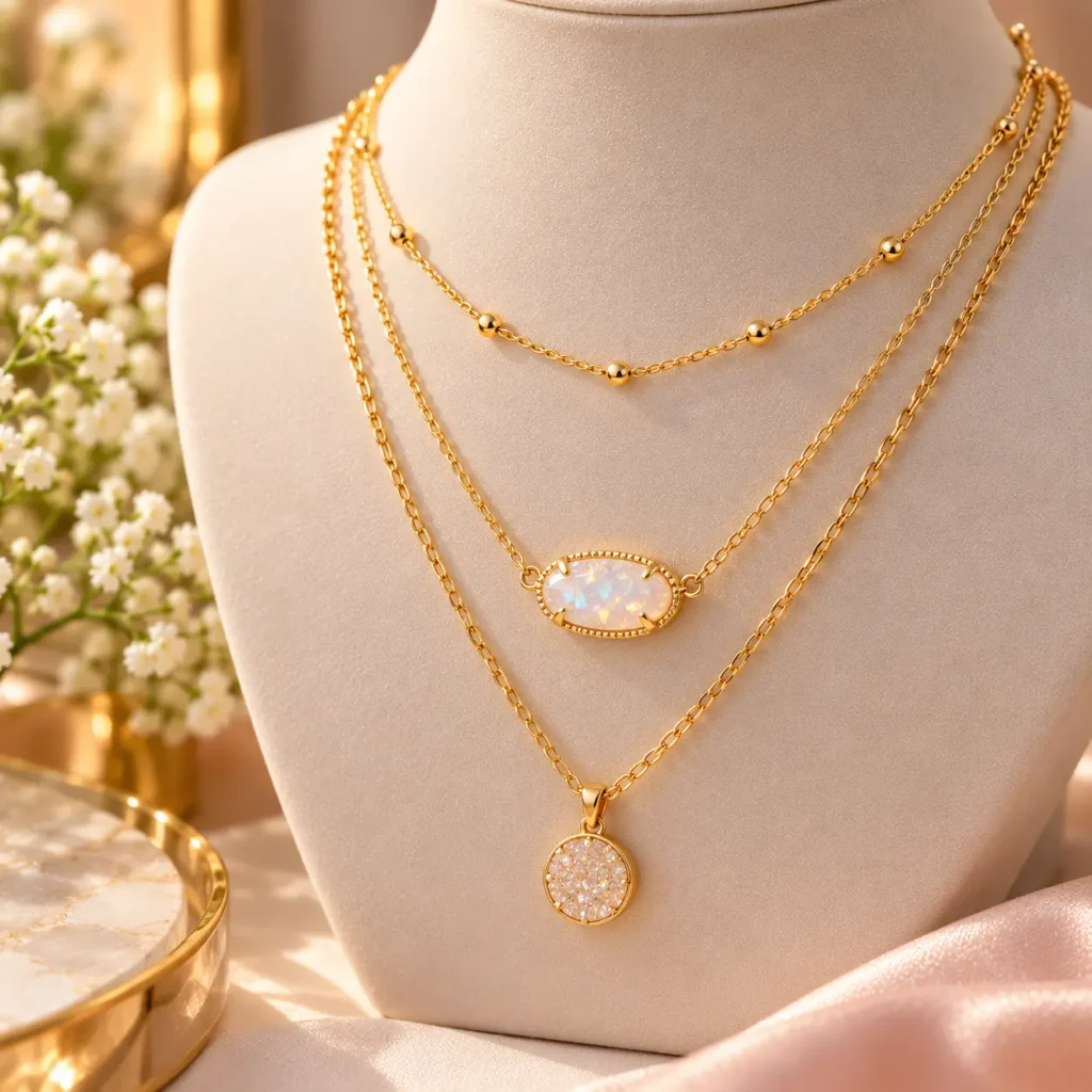 Layered gold multi-strand necklace featuring delicate chains and sparkling gemstone pendants