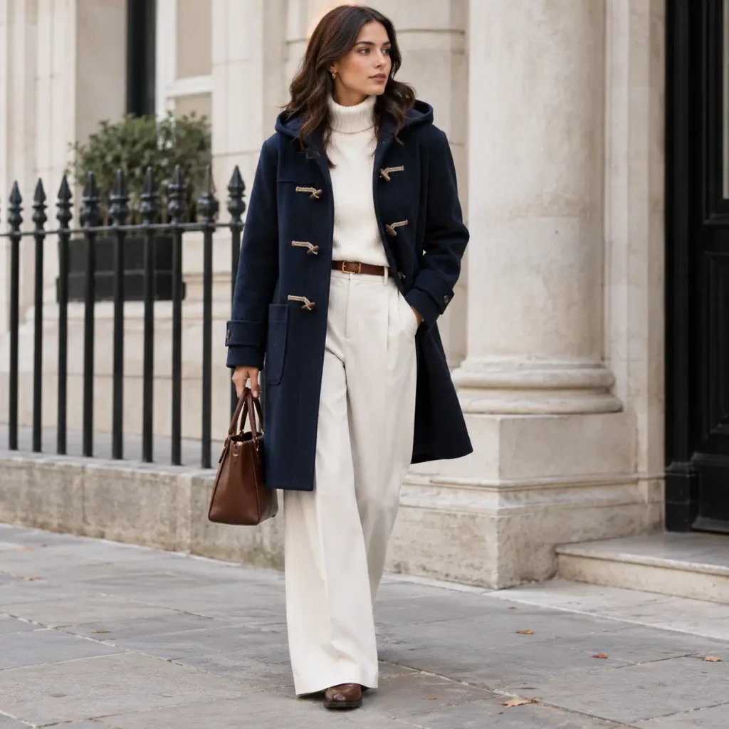 Woman styling a navy duffle coat with a cream turtleneck, elegant wide-leg trousers, and brown leather shoes.