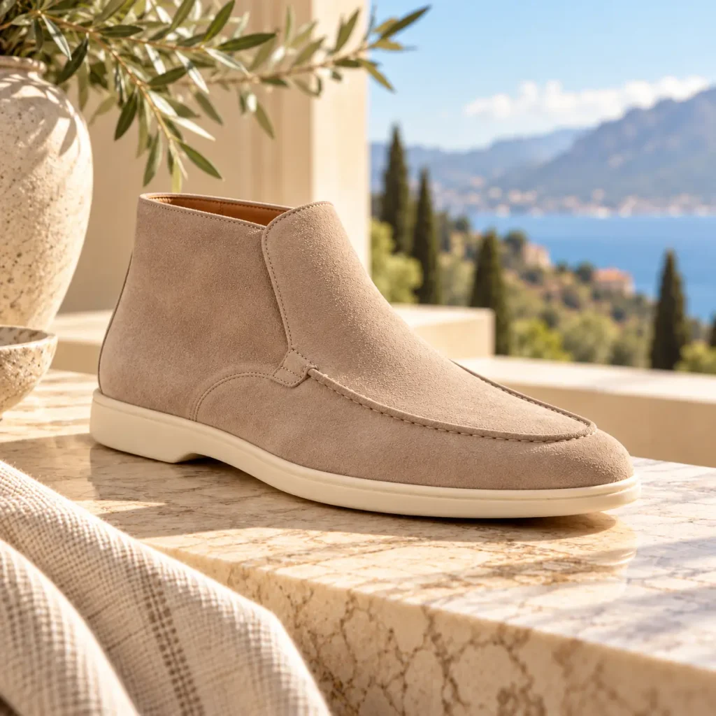 Elegant taupe suede Open Walk-style ankle boot with moccasin stitching and a cream sole on a marble surface