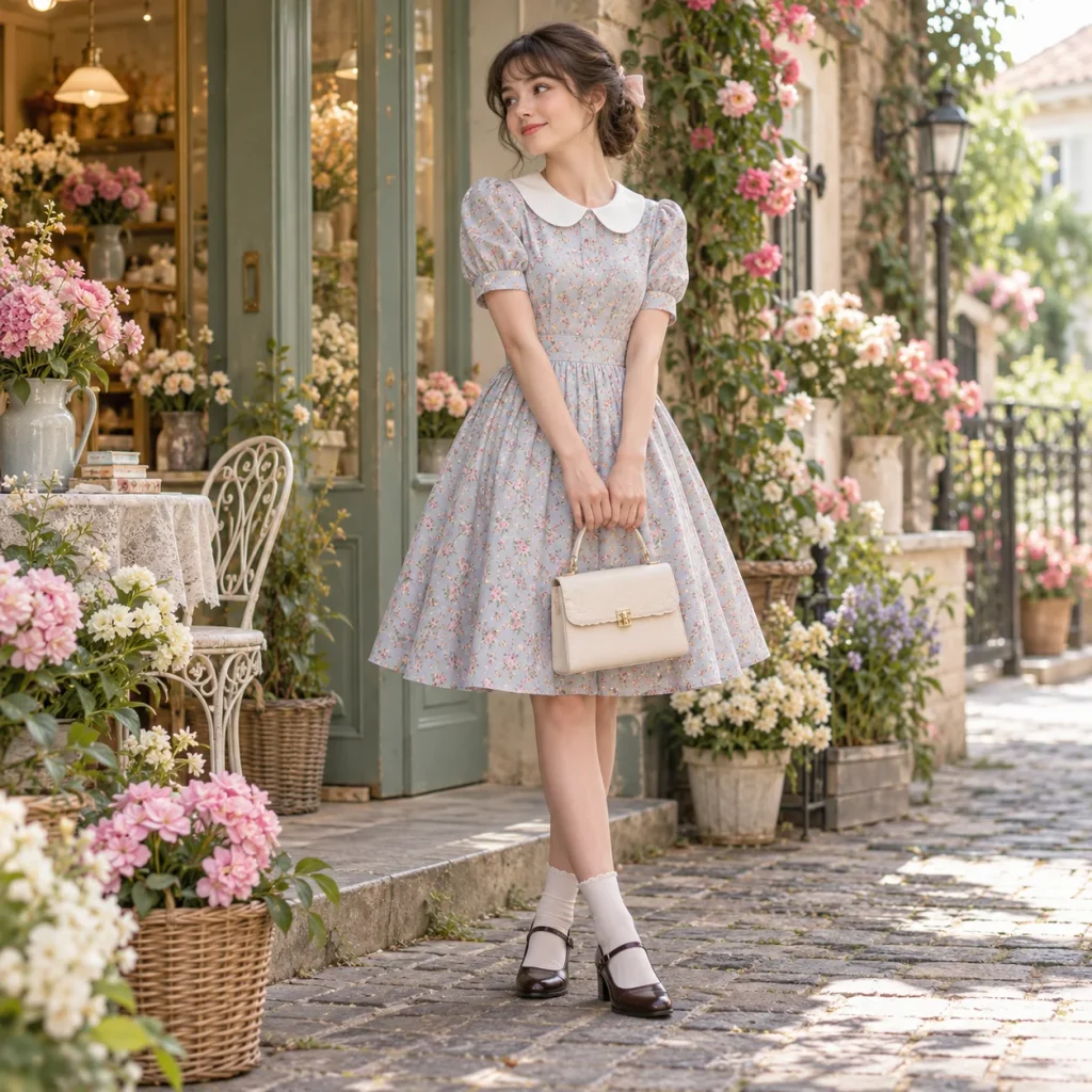 Woman wearing a pastel floral Peter Pan collar dress with ankle socks and Mary Jane shoes