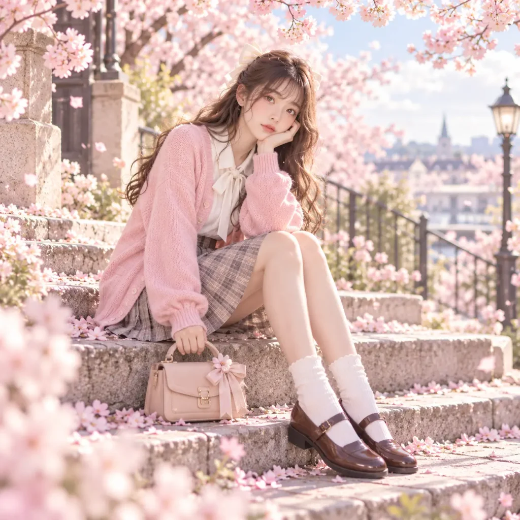 Young woman wearing a soft pink cardigan, white blouse, plaid pleated skirt and brown loafers under cherry blossoms.