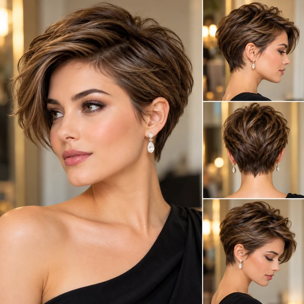 Woman showcasing a polished pixie haircut with textured layers and side-swept hair from multiple angles