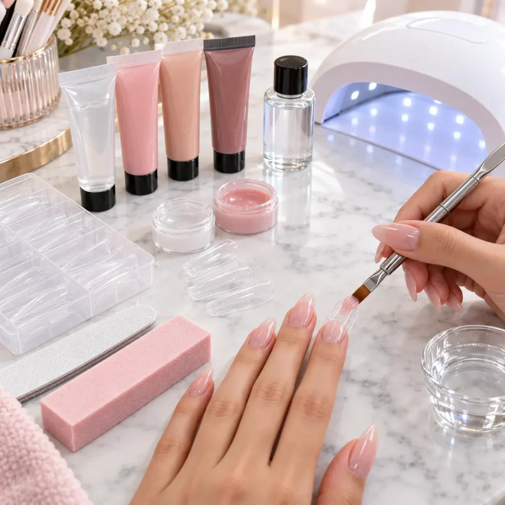 Poly gel nail extension kit with sculpting brush, nail forms, poly gel tubes, slip solution, and UV LED nail lamp.