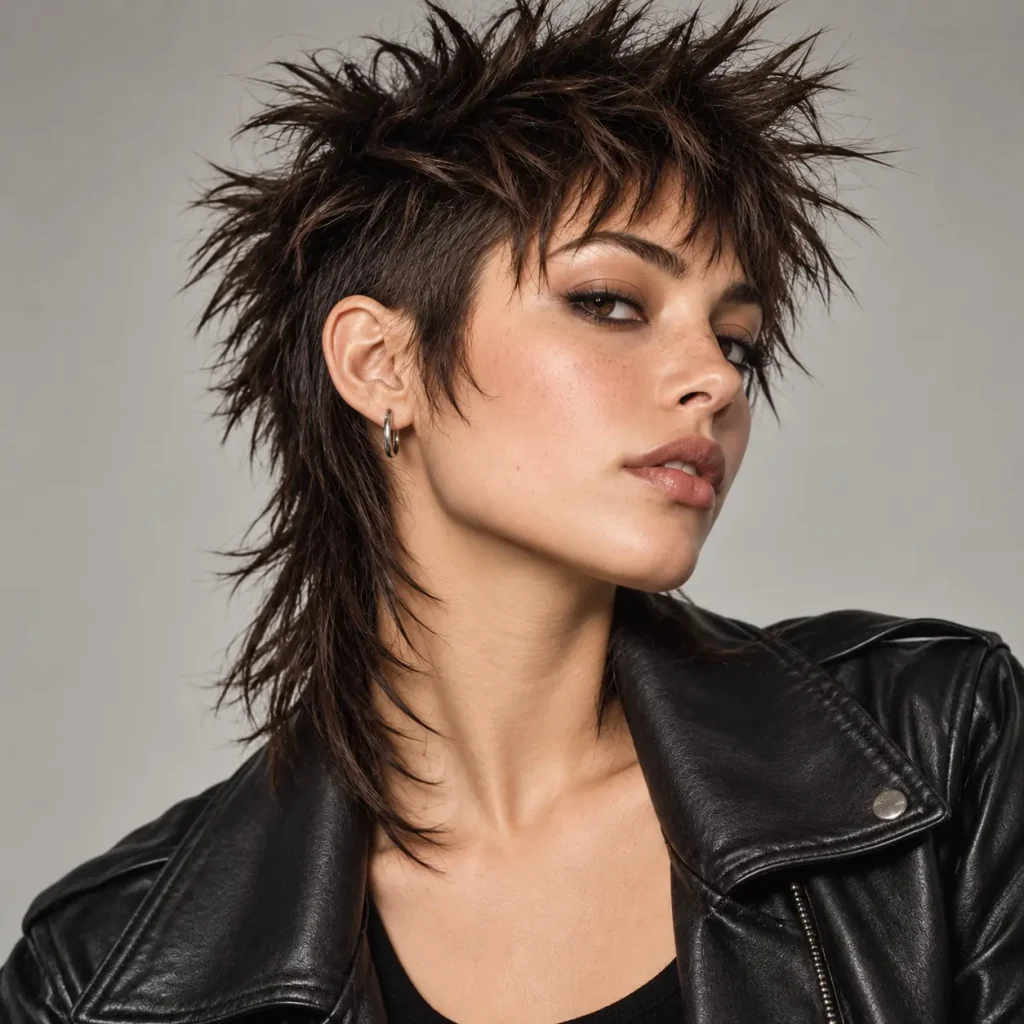 Woman with a punk-inspired spiked mullet featuring short textured sides and a longer back